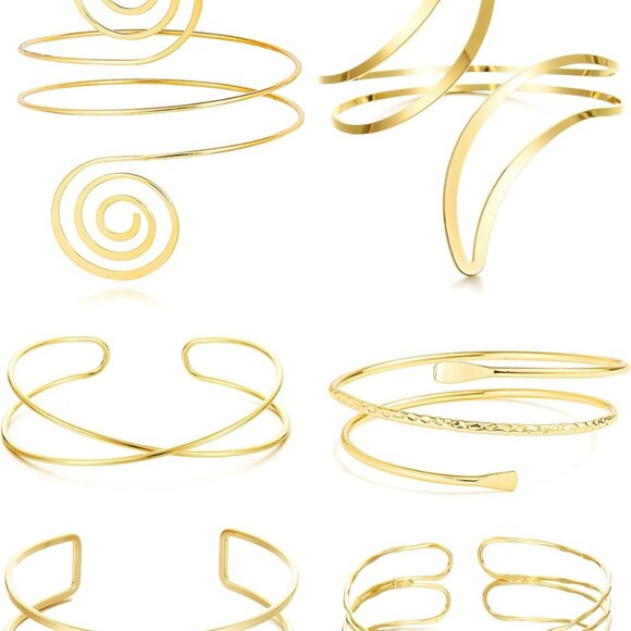 6-Piece Gold Arm Cuff Set Adjustable Zinc Bracelets for Women Fashion - Picture 1 of 7